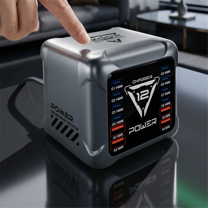 BK-127D 12-Port GaN Desktop Charger with 8 USB-C and 4 USB-A Ports RGB Light 140W Fast Charging Station - EU Plug - 7
