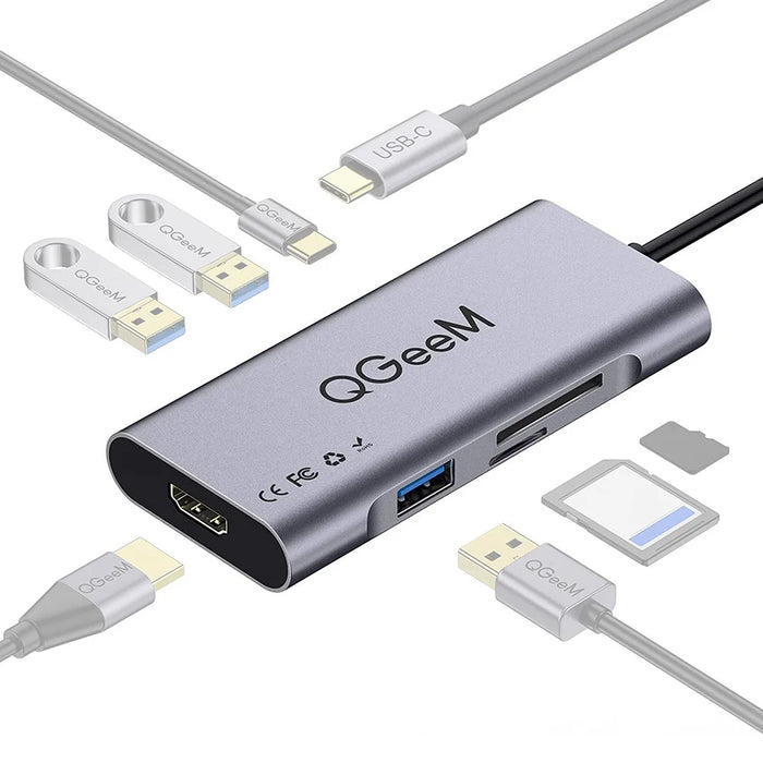 QGEEM QG-UH07-3 7-in-1 Type-C Docking Station Multi-Port USB-C Hub Support HD Compatible Chromebook Thunderbolt 3 - 1