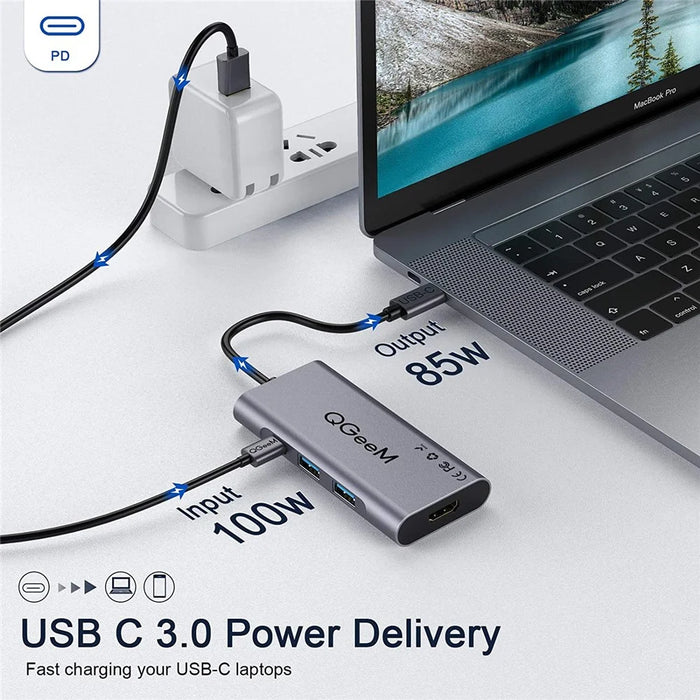QGEEM QG-UH07-3 7-in-1 Type-C Docking Station Multi-Port USB-C Hub Support HD Compatible Chromebook Thunderbolt 3 - 6