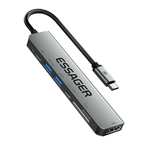 ESSAGER Type-C Hub Converter to PD 60W Fast Charging+Type-C Data Port+USB 3.2+USB 2.0+HD Video Output+2 Card Reader Slots - 1