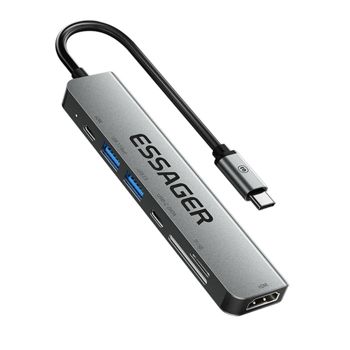 ESSAGER Type-C Hub Converter to PD 60W Fast Charging+Type-C Data Port+USB 3.2+USB 2.0+HD Video Output+2 Card Reader Slots - 1