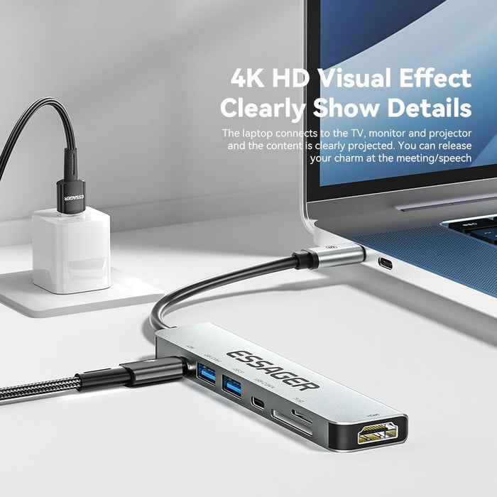 ESSAGER Type-C Hub Converter to PD 60W Fast Charging+Type-C Data Port+USB 3.2+USB 2.0+HD Video Output+2 Card Reader Slots - 3