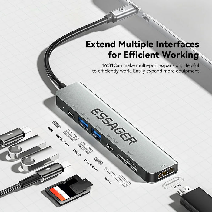 ESSAGER Type-C Hub Converter to PD 60W Fast Charging+Type-C Data Port+USB 3.2+USB 2.0+HD Video Output+2 Card Reader Slots - 4