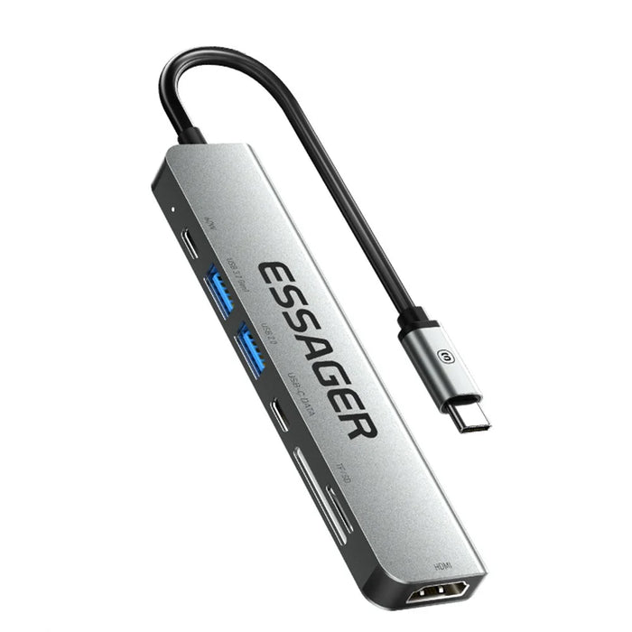 ESSAGER Type-C Hub Converter to PD 60W Fast Charging+Type-C Data Port+USB 3.2+USB 2.0+HD Video Output+2 Card Reader Slots - 6