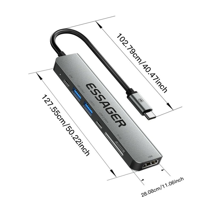 ESSAGER Type-C Hub Converter to PD 60W Fast Charging+Type-C Data Port+USB 3.2+USB 2.0+HD Video Output+2 Card Reader Slots - 7