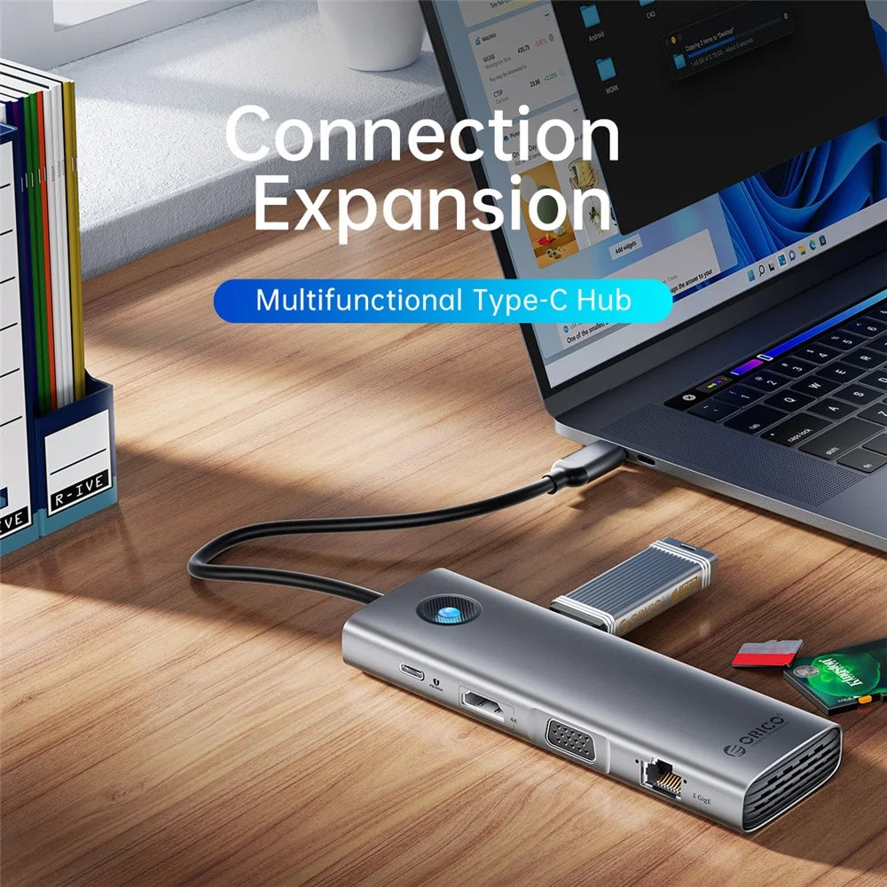 ORICO PW11-10P 10 in 1 Docking Station HD+VGA+SD / TF+3.5mm Audio PD 100W Charging Multifunctional Type-C Hub - Dark Grey - 2