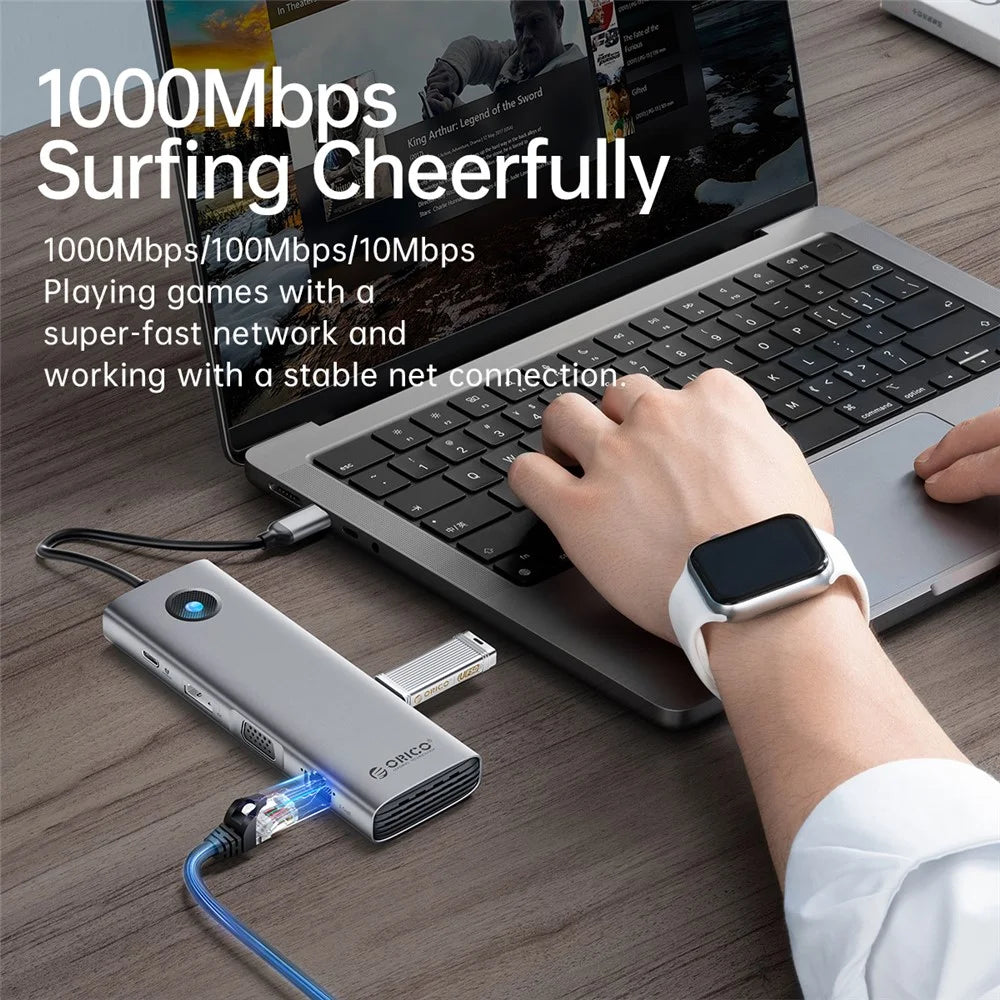 ORICO PW11-10P 10 in 1 Docking Station HD+VGA+SD / TF+3.5mm Audio PD 100W Charging Multifunctional Type-C Hub - Dark Grey - 6
