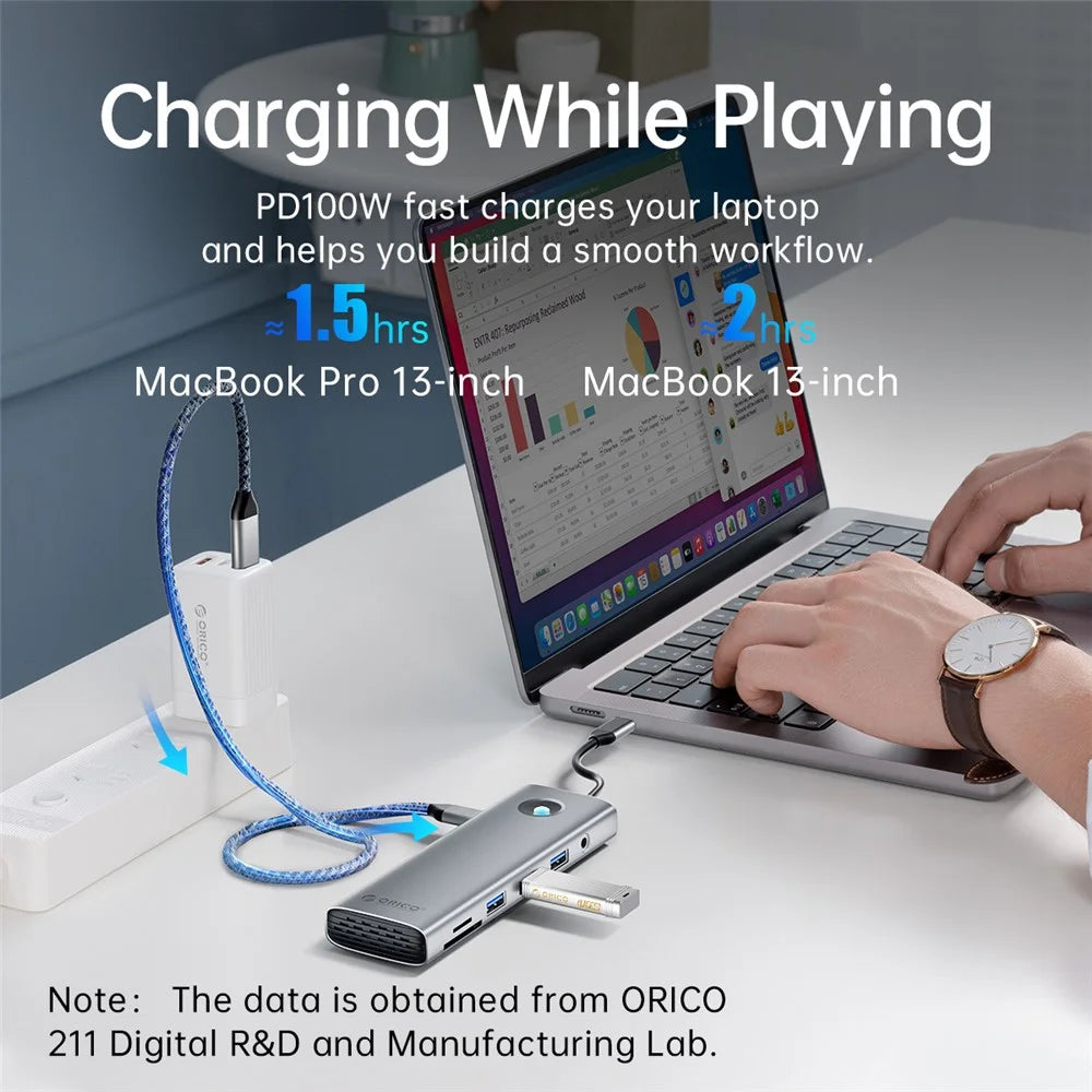 ORICO PW11-10P 10 in 1 Docking Station HD+VGA+SD / TF+3.5mm Audio PD 100W Charging Multifunctional Type-C Hub - Dark Grey - 7
