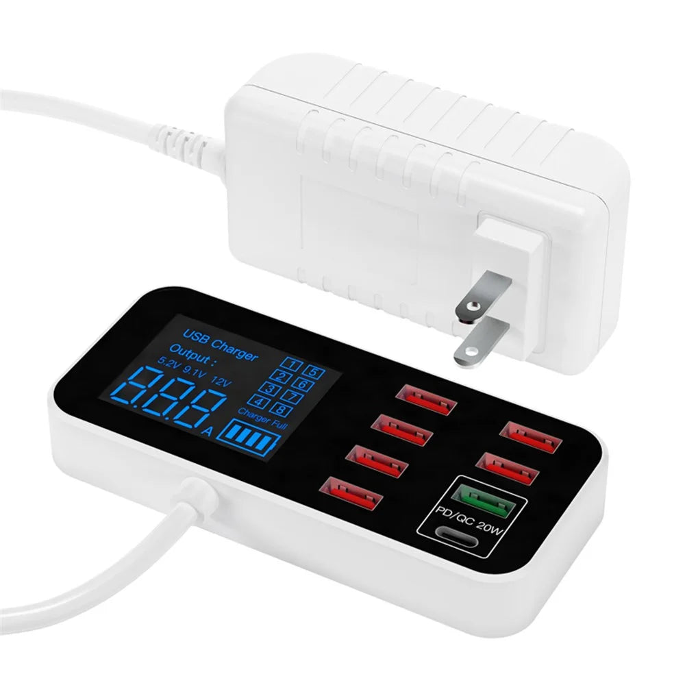 A9D+ Digital Display 7 USB + 1 Type-C Desktop Charger PC+ABS QC3.0 + PD Phone Fast Charging Station (CE Certified) - US Plug - 1