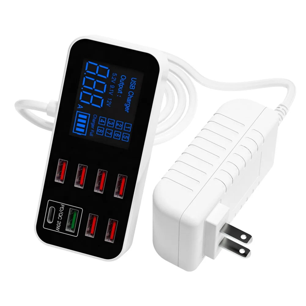 A9D+ Digital Display 7 USB + 1 Type-C Desktop Charger PC+ABS QC3.0 + PD Phone Fast Charging Station (CE Certified) - US Plug - 2