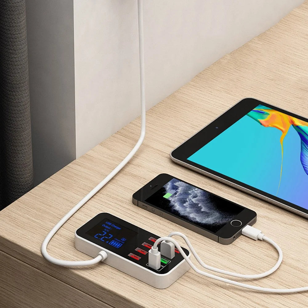 A9D+ Digital Display 7 USB + 1 Type-C Desktop Charger PC+ABS QC3.0 + PD Phone Fast Charging Station (CE Certified) - US Plug - 5