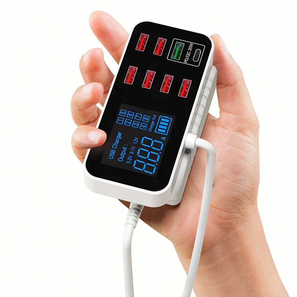 A9D+ Digital Display 7 USB + 1 Type-C Desktop Charger PC+ABS QC3.0 + PD Phone Fast Charging Station (CE Certified) - US Plug - 7