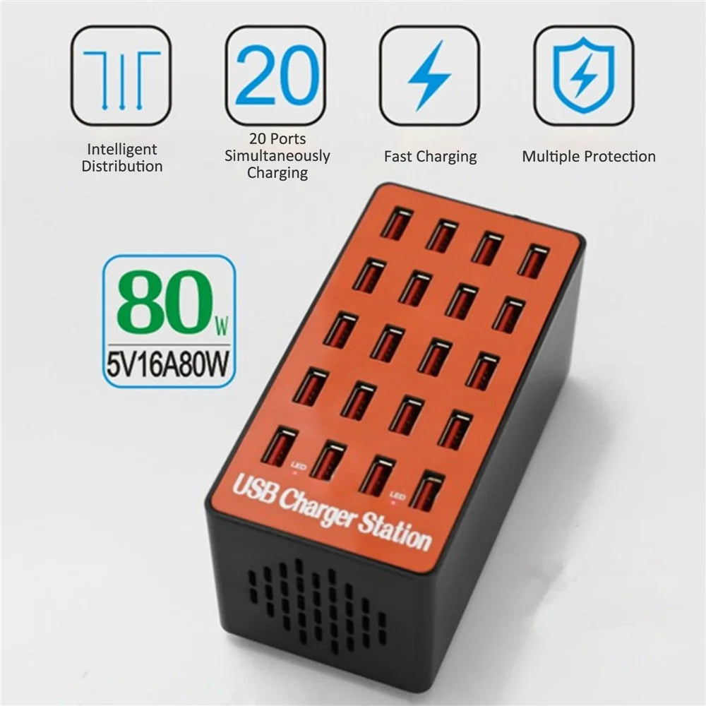 A5 80W 20 USB Ports Desktop Charger PC+ABS Phone Tablet Fast Charging Station (CE Certified) - AU Plug - 2