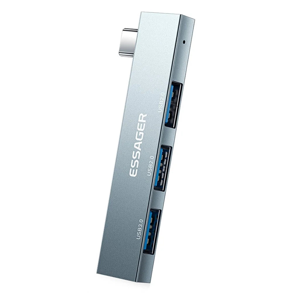 ESSAGER 3-in-1 USB Hub Splitter 1 USB3.0 + 2 USB2.0 Ports Aluminum Alloy Adapter for Type-C Tablet Laptop - Grey - 1