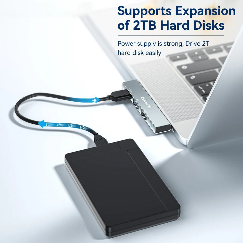 ESSAGER 3-in-1 USB Hub Splitter 1 USB3.0 + 2 USB2.0 Ports Aluminum Alloy Adapter for Type-C Tablet Laptop - Grey - 4