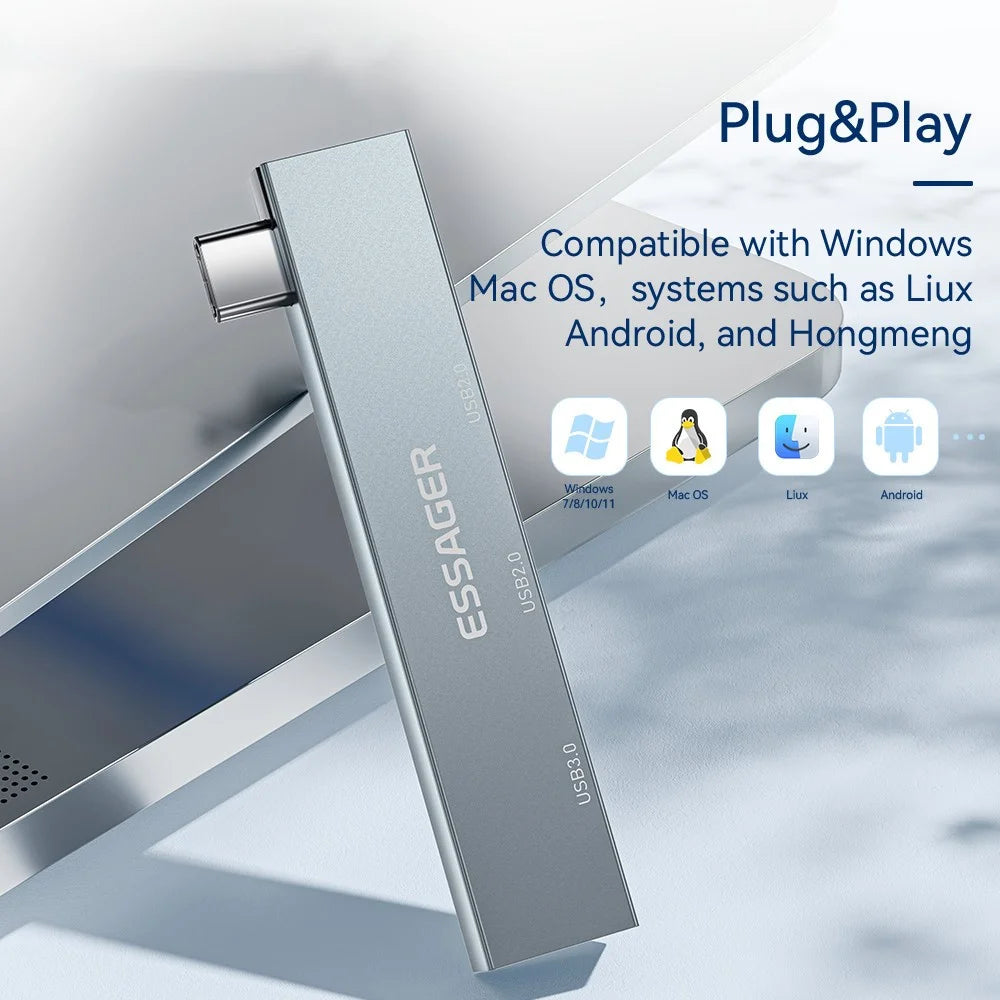 ESSAGER 3-in-1 USB Hub Splitter 1 USB3.0 + 2 USB2.0 Ports Aluminum Alloy Adapter for Type-C Tablet Laptop - Grey - 6