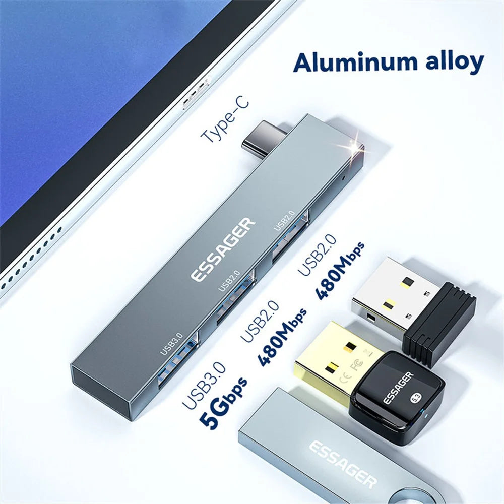 ESSAGER 3-in-1 USB Hub Splitter 1 USB3.0 + 2 USB2.0 Ports Aluminum Alloy Adapter for Type-C Tablet Laptop - Grey - 7