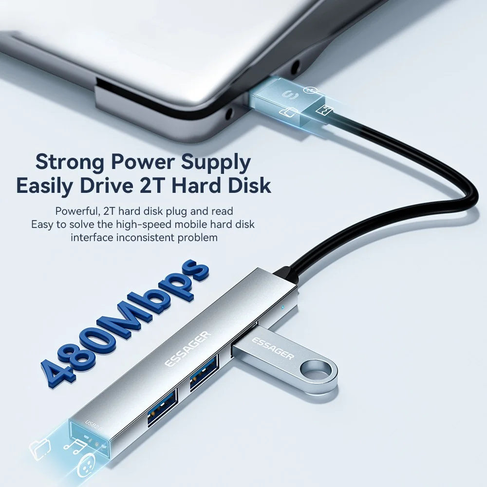 ESSAGER 4-in-1 USB Hub 4 USB2.0 Ports Splitter Tablet Laptop Aluminum Alloy Adapter - Type-C / Grey - 3