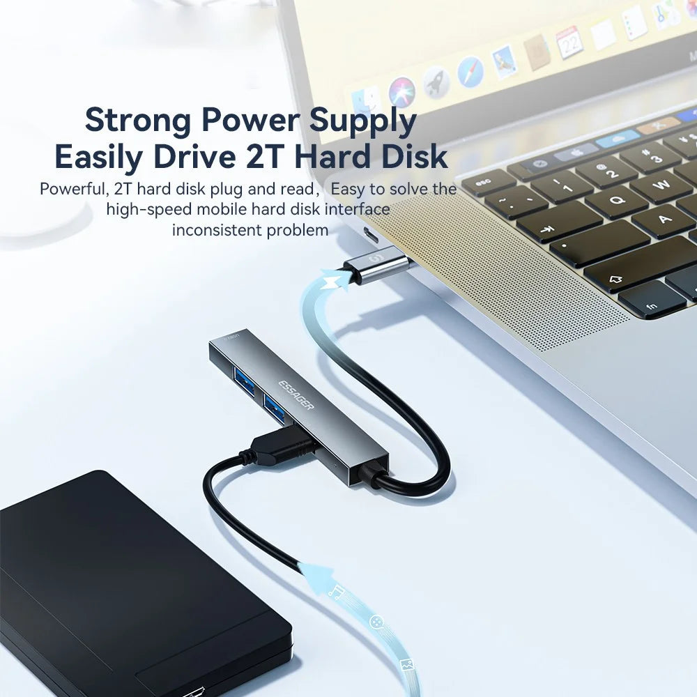 ESSAGER 4-in-1 USB Hub 4 USB2.0 Ports Splitter Tablet Laptop Aluminum Alloy Adapter - Type-C / Grey - 4