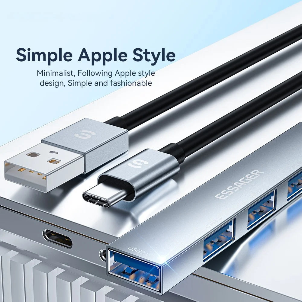 ESSAGER 4-in-1 USB Hub 4 USB2.0 Ports Splitter Tablet Laptop Aluminum Alloy Adapter - Type-C / Grey - 5