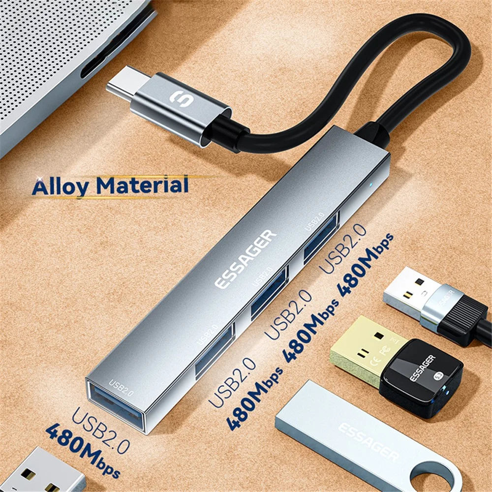 ESSAGER 4-in-1 USB Hub 4 USB2.0 Ports Splitter Tablet Laptop Aluminum Alloy Adapter - Type-C / Grey - 6