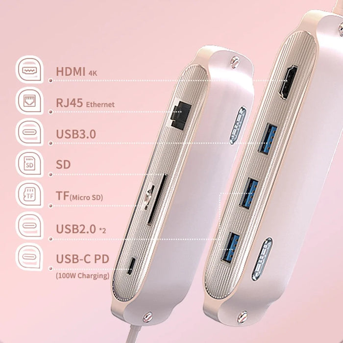 BS8H Type-C Hub Converter to PD+USB 3.0+2xUSB 2.0+HD Video Output Port+2 Card Reader Slots+RJ45 - Pink - 3