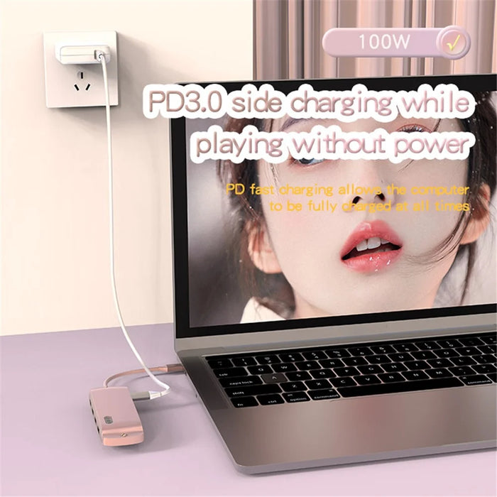 BS8H Type-C Hub Converter to PD+USB 3.0+2xUSB 2.0+HD Video Output Port+2 Card Reader Slots+RJ45 - Pink - 4