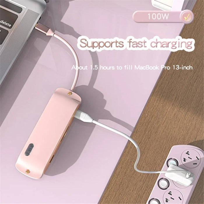BS8H Type-C Hub Converter to PD+USB 3.0+2xUSB 2.0+HD Video Output Port+2 Card Reader Slots+RJ45 - Pink - 5