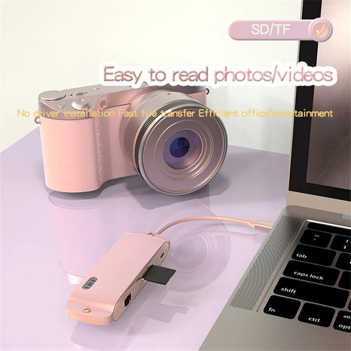 BS8H Type-C Hub Converter to PD+USB 3.0+2xUSB 2.0+HD Video Output Port+2 Card Reader Slots+RJ45 - Pink - 6