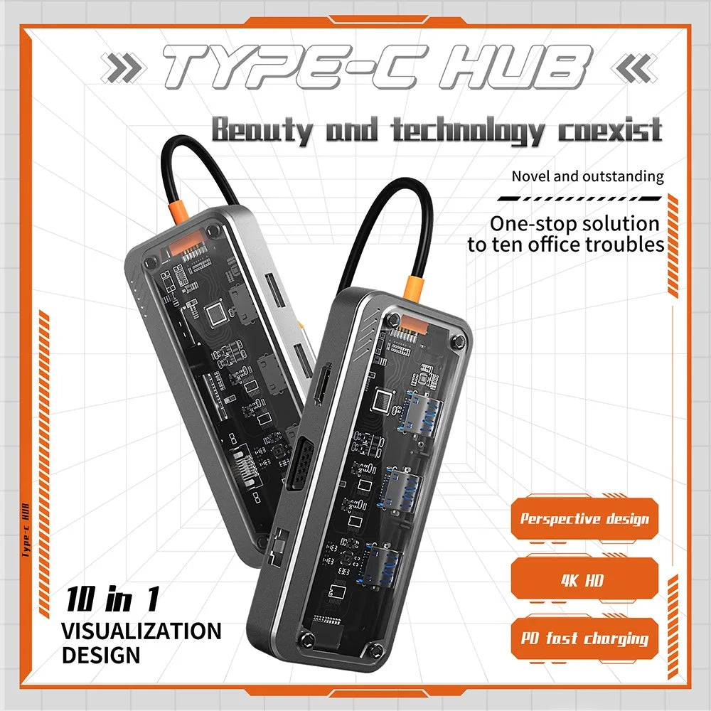 SW10V-Pro 10-in-1 Docking Station Dongle Type-C to PD+HD+USB3.0x3+SD+TFRJ45+VGA+3.5mm Audio Hub - 3