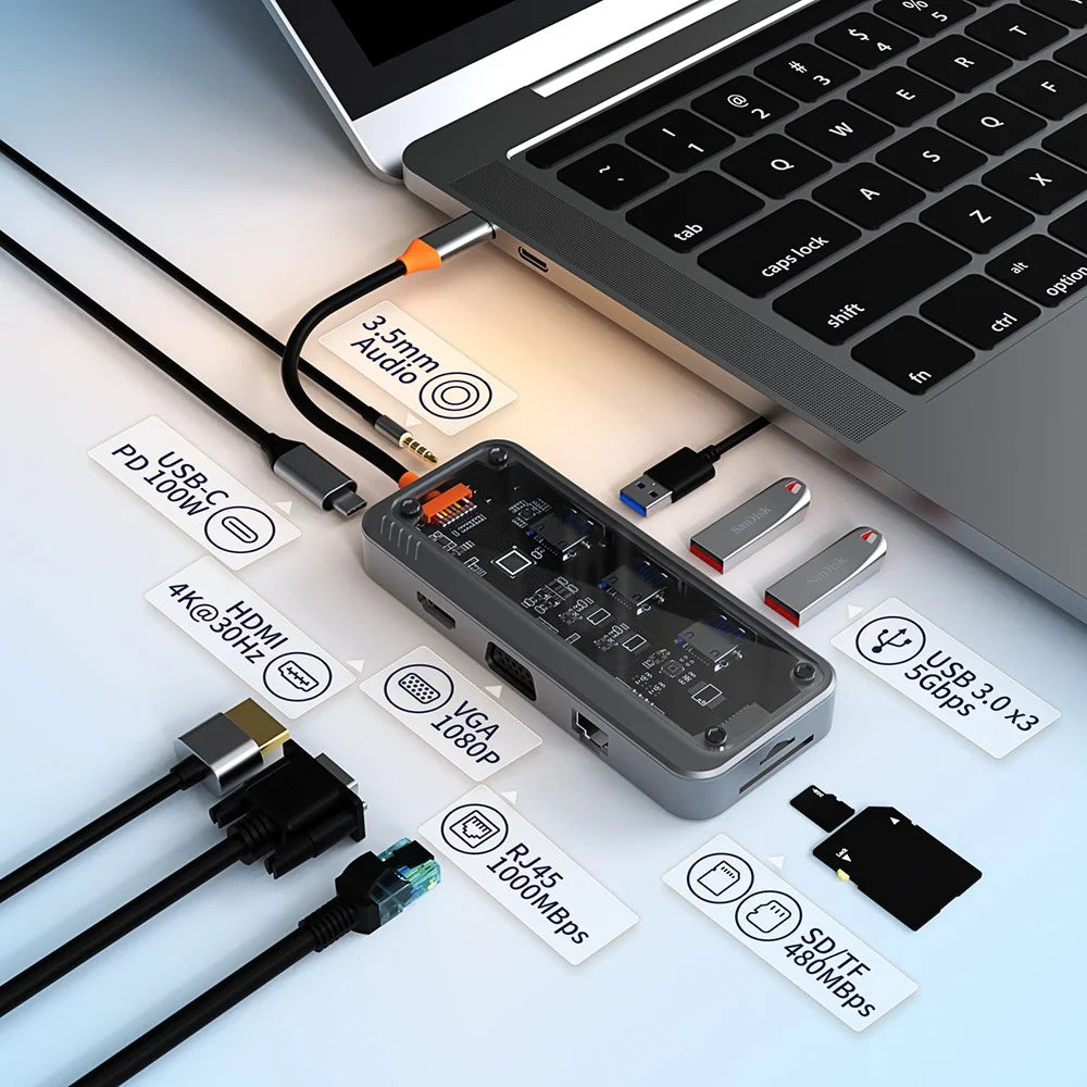 SW10V-Pro 10-in-1 Docking Station Dongle Type-C to PD+HD+USB3.0x3+SD+TFRJ45+VGA+3.5mm Audio Hub - 4