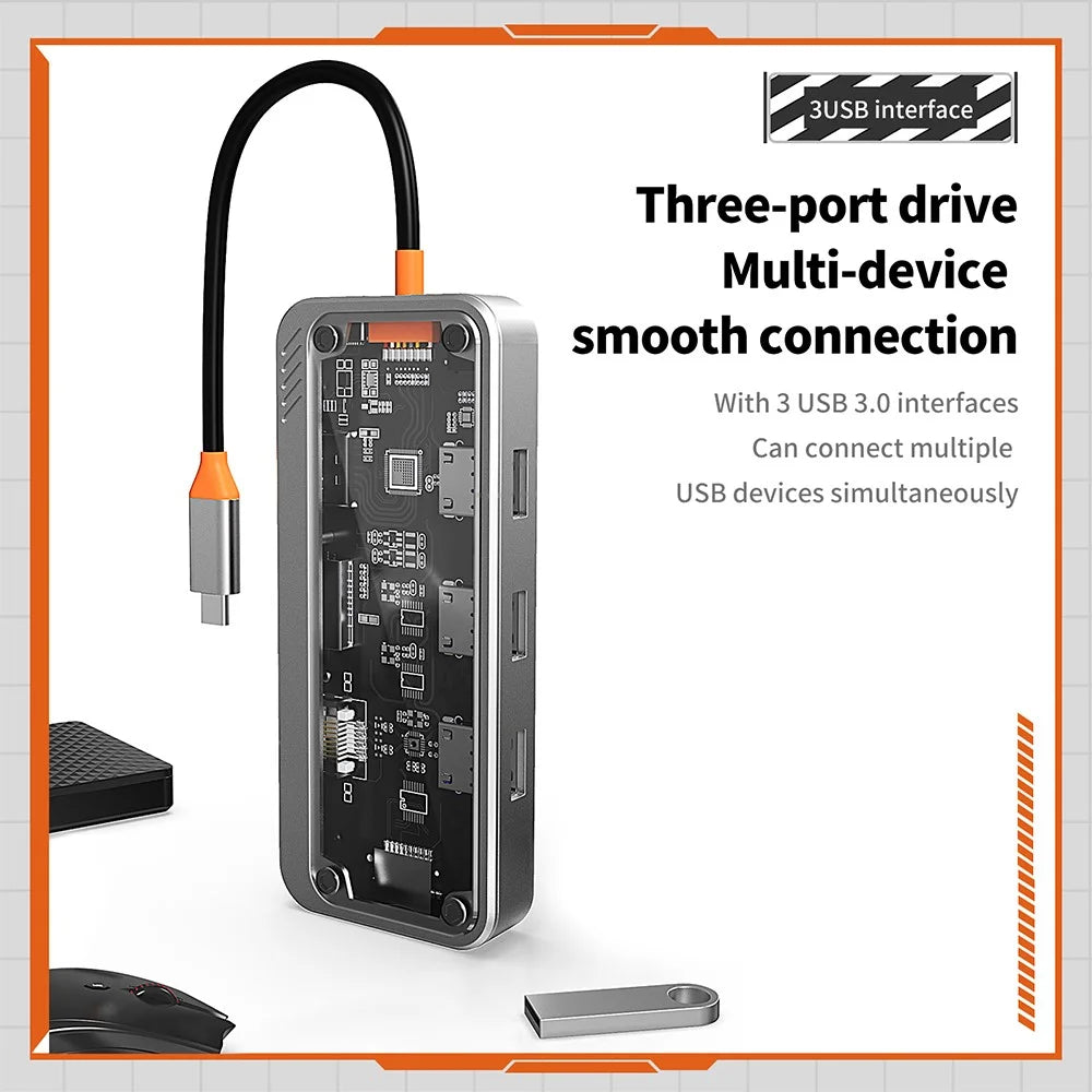 SW10V-Pro 10-in-1 Docking Station Dongle Type-C to PD+HD+USB3.0x3+SD+TFRJ45+VGA+3.5mm Audio Hub - 6