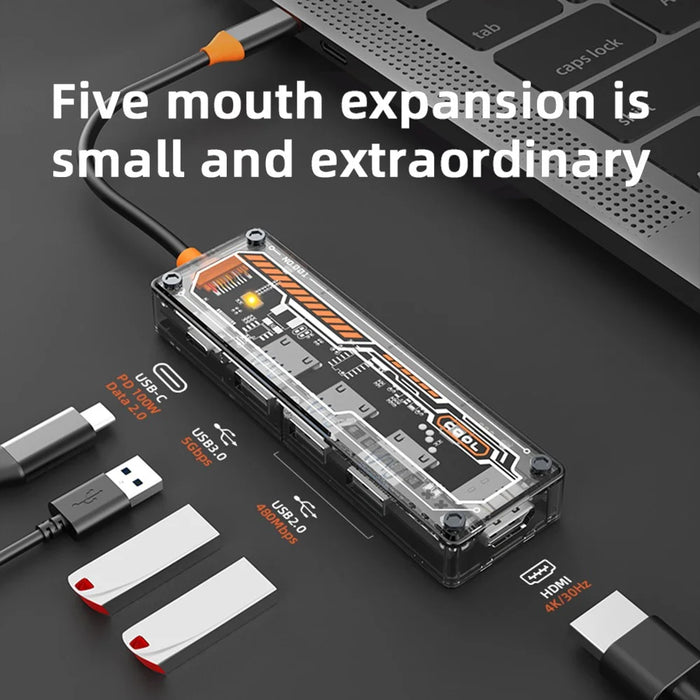 SW5H 5 Ports Type-C Hub Adapter Type-C to Type-C PD Fast Charge+USB 3.0+USB 2.0x2+HD Dock Station Clear Converter - 2