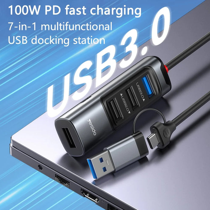 YESIDO HB20 USB + Type C Hub Adapter Converter with USB 3.0 + 3xUSB 2.0 + PD 100W USB-C Ports - 2