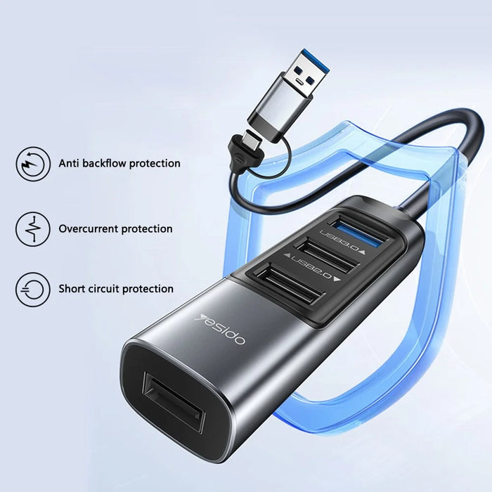 YESIDO HB20 USB + Type C Hub Adapter Converter with USB 3.0 + 3xUSB 2.0 + PD 100W USB-C Ports - 4