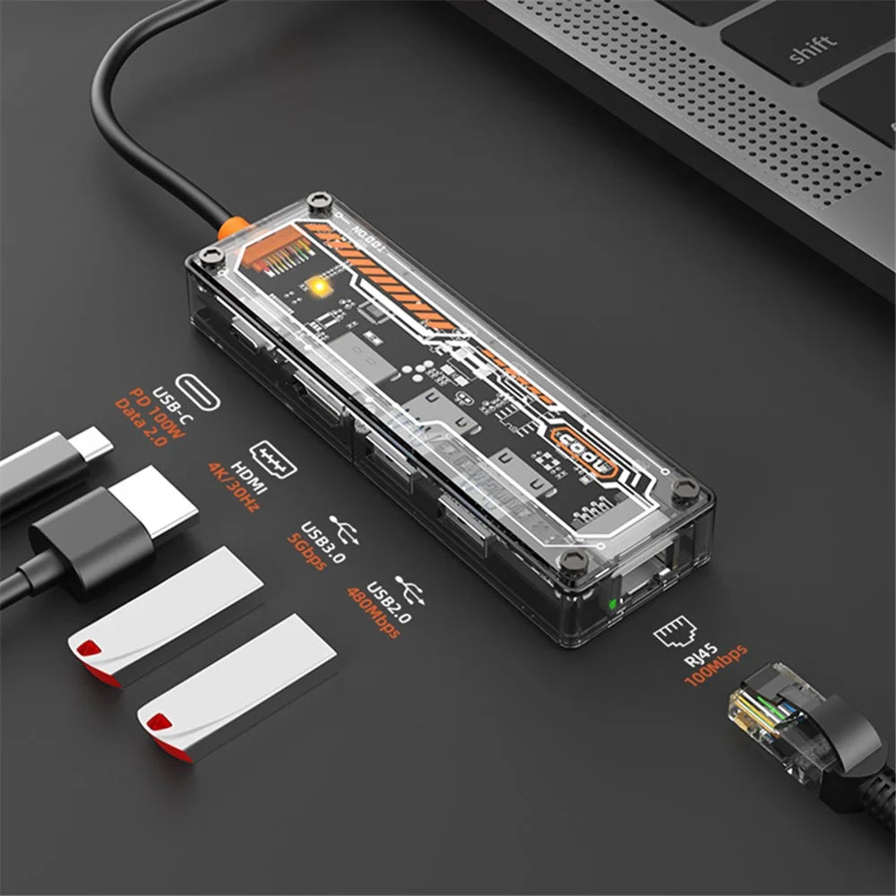 Type-C Hub Adapter to PD Type-C+HD Video Output+USB 3.0+USB 2.0+RJ45 - 5