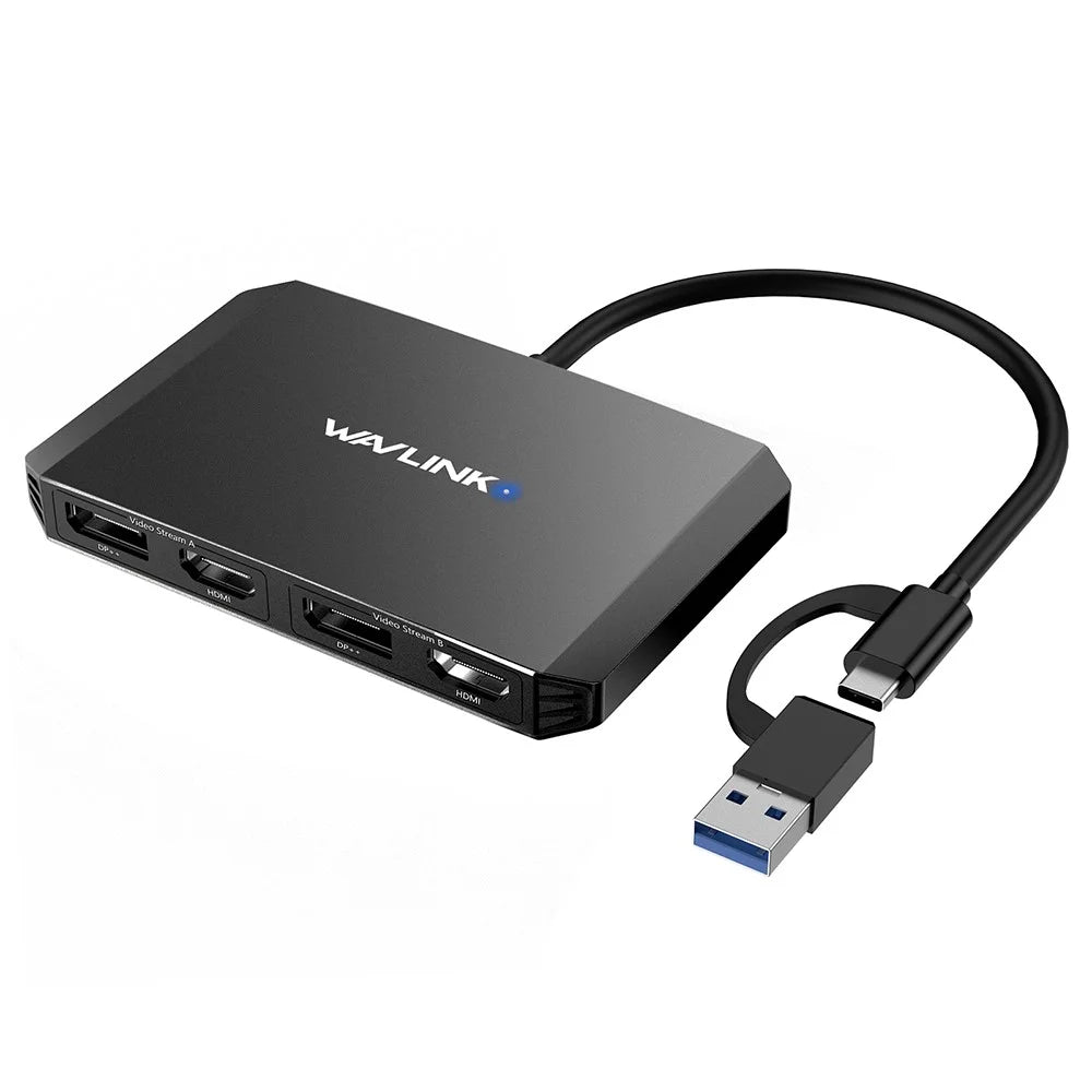 WAVLINK WL-UG69DH2 USB+Type-C to Dual 4K HD DisplayPort Dual Monitor Adapter Splitter - Black - 1