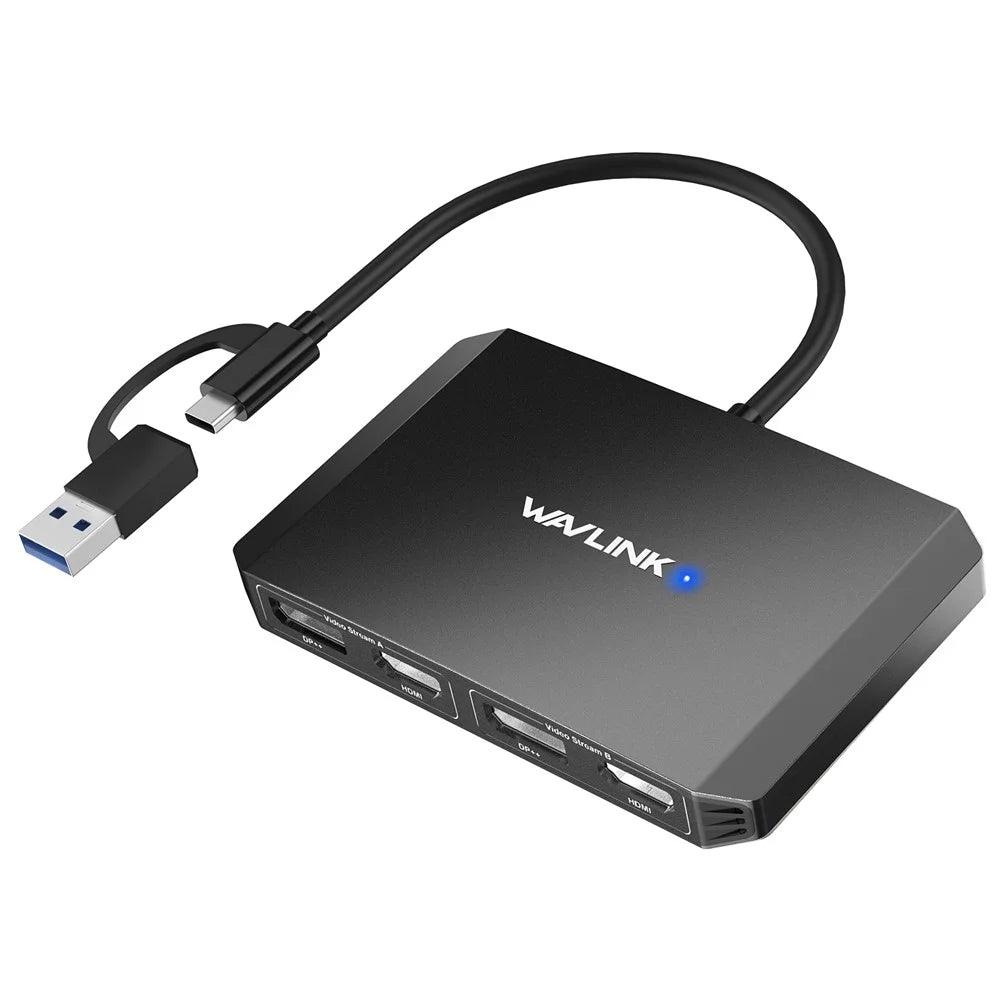 WAVLINK WL-UG69DH2 USB+Type-C to Dual 4K HD DisplayPort Dual Monitor Adapter Splitter - Black - 3