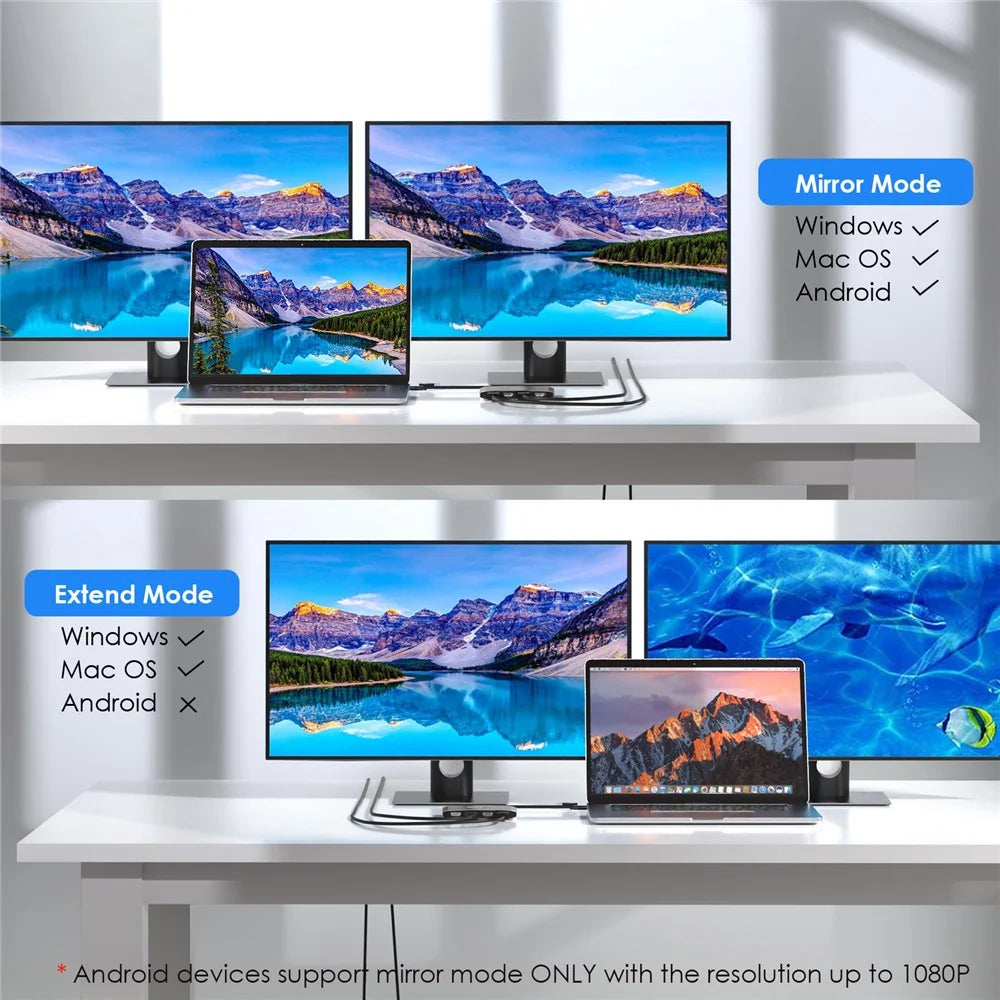 WAVLINK WL-UG69DH2 USB+Type-C to Dual 4K HD DisplayPort Dual Monitor Adapter Splitter - Black - 5