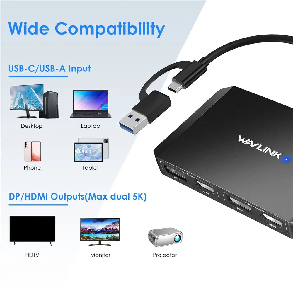 WAVLINK WL-UG69DH2 USB+Type-C to Dual 4K HD DisplayPort Dual Monitor Adapter Splitter - Black - 6