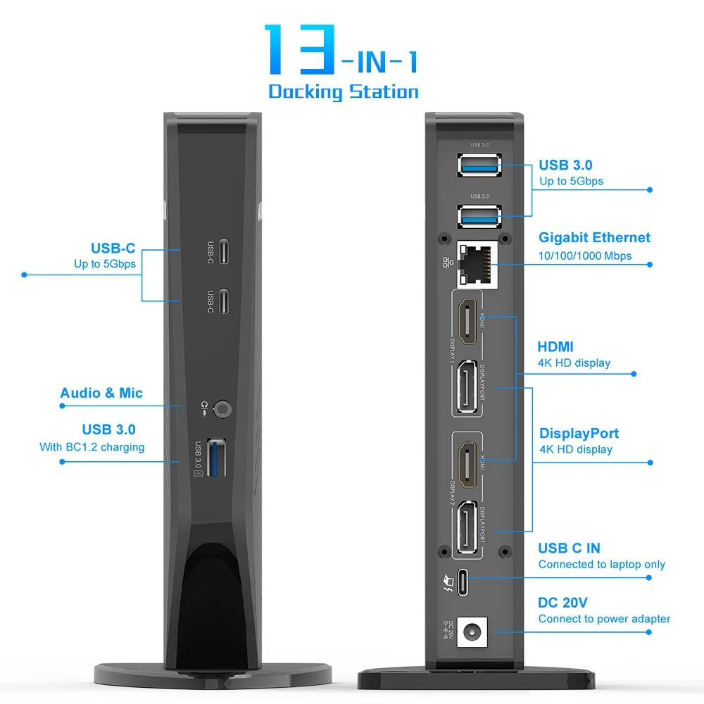 WAVLINK UG69PD5 USB 3.0 and USB-C Dual 4K Display Docking Station with DisplayPort and HD 60Hz Monitor Adapter - US Plug - 3