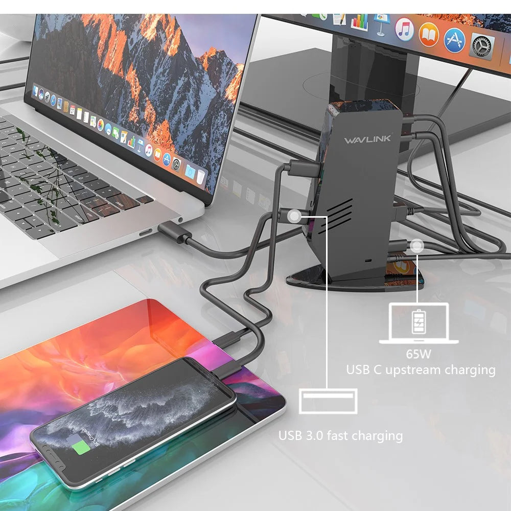 WAVLINK UG69PD5 USB 3.0 and USB-C Dual 4K Display Docking Station with DisplayPort and HD 60Hz Monitor Adapter - US Plug - 6