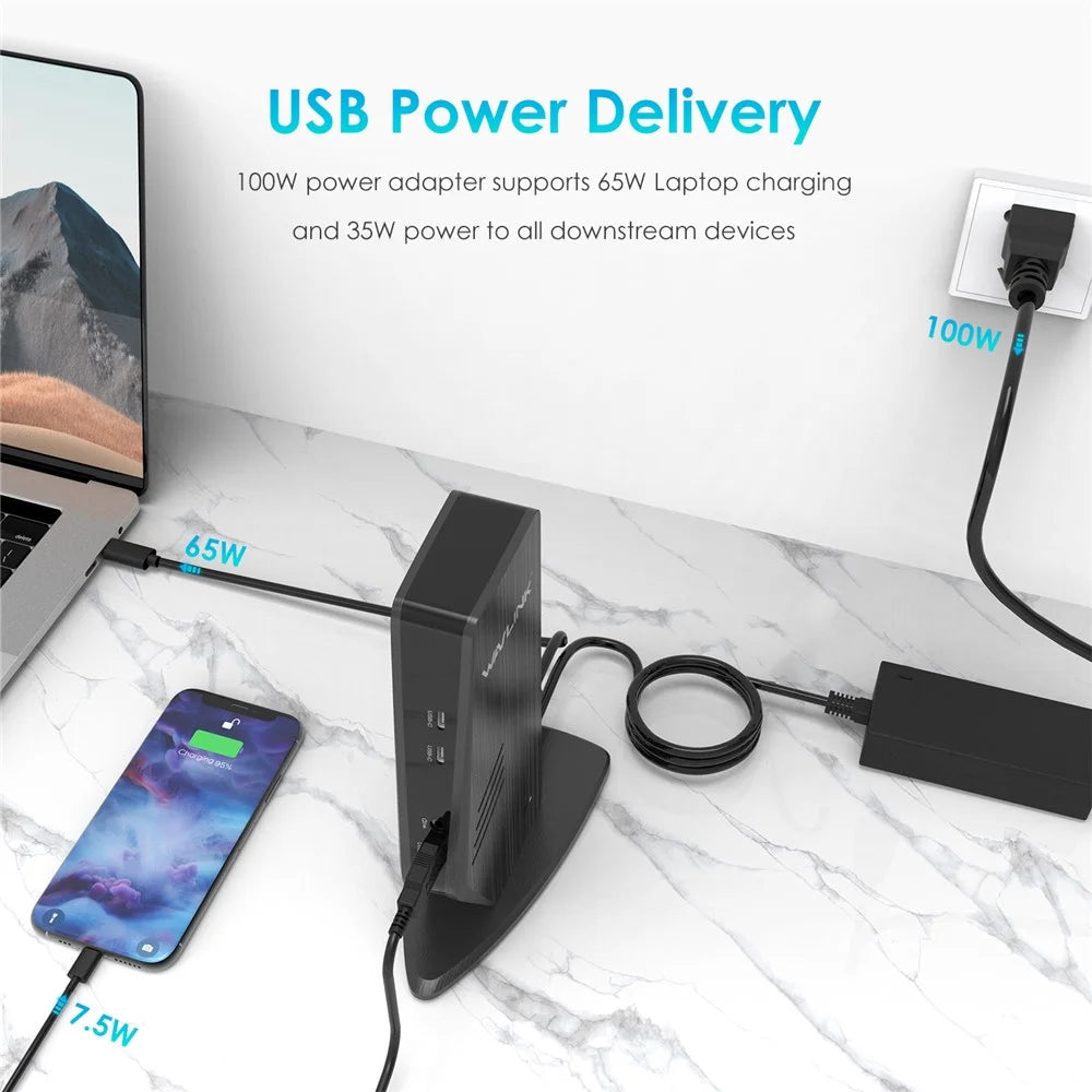 WAVLINK UG69PD5 USB 3.0 and USB-C Dual 4K Display Docking Station with DisplayPort and HD 60Hz Monitor Adapter - US Plug - 7
