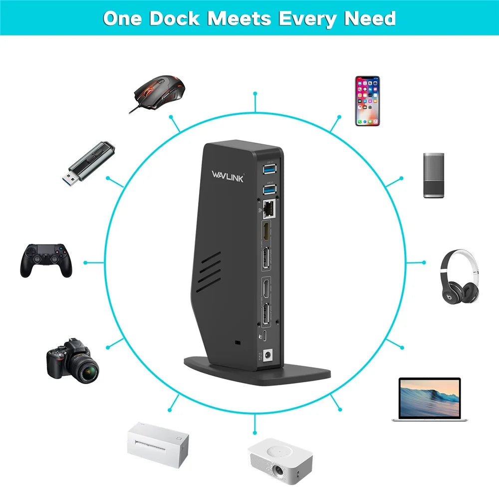 WAVLINK WL-UG69DK5 USB 3.0 Docking Station Laptop Dual 5K / 4K 60Hz Monitor Adapter - US Plug - 4