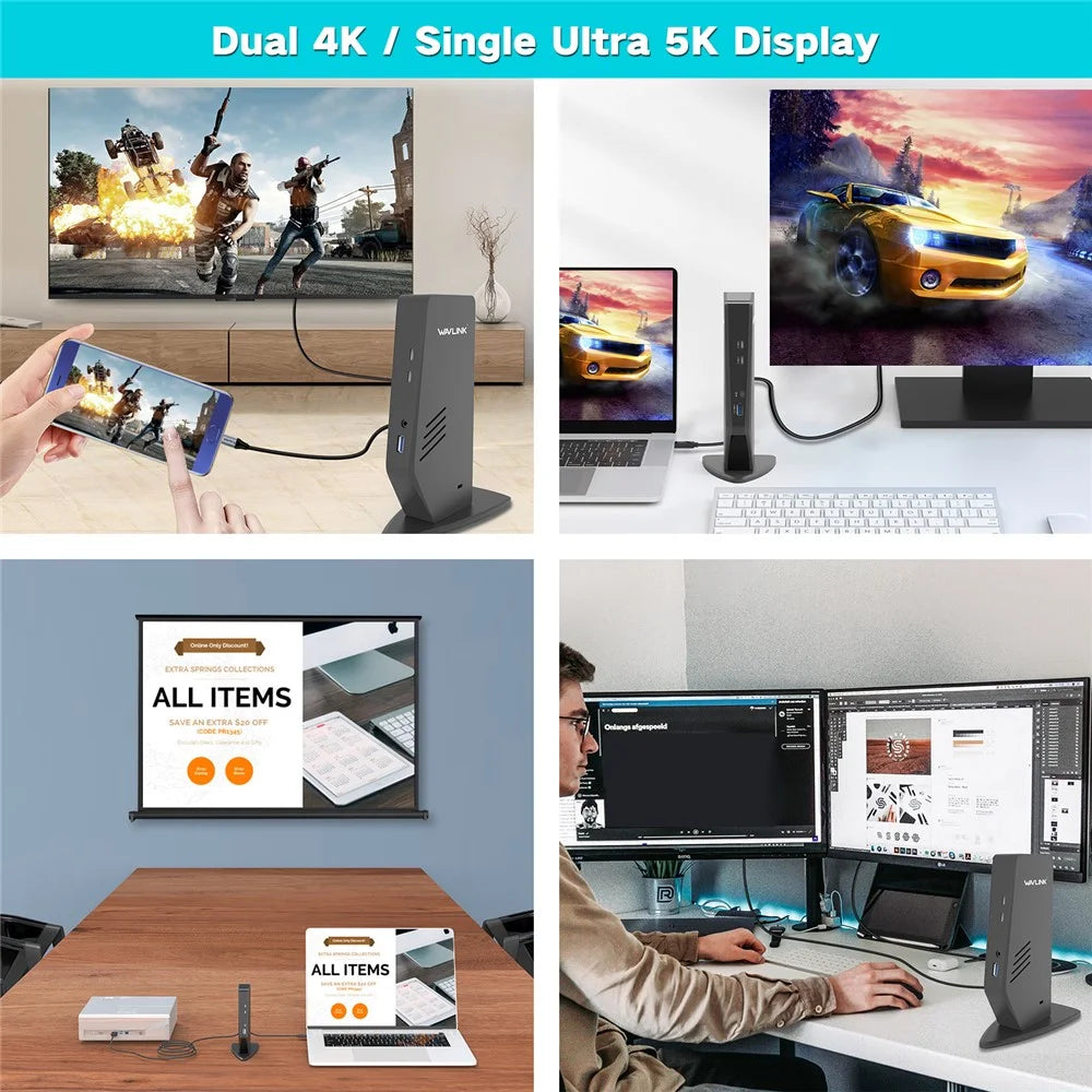 WAVLINK WL-UG69DK5 USB 3.0 Docking Station Laptop Dual 5K / 4K 60Hz Monitor Adapter - US Plug - 6