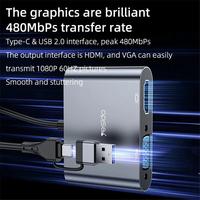 YESIDO HM15 USB / Type-C to VGA + HD Adapter HDTV Dual Monitors Mirroring Adapter - 3