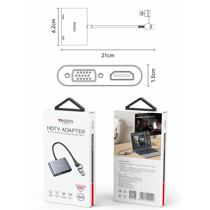 YESIDO HM15 USB / Type-C to VGA + HD Adapter HDTV Dual Monitors Mirroring Adapter - 6