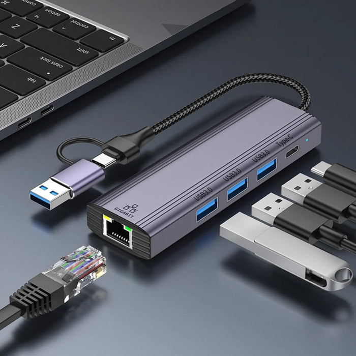 T513 Docking Station USB / Type-C to USB3.0x3+USB-C+Gigabit Laptop Adapter - 2