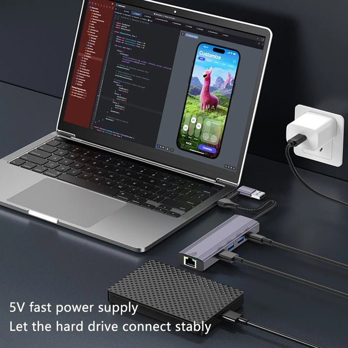 T513 Docking Station USB / Type-C to USB3.0x3+USB-C+Gigabit Laptop Adapter - 4