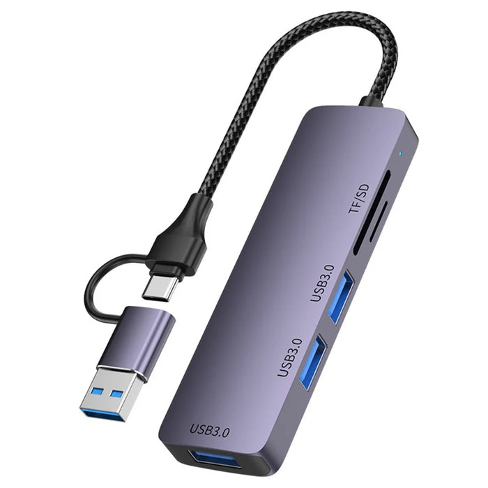T235 Multi-Port Hub USB+Type-C 3.0 Adapter to 3xUSB 3.0+2xCard Reader Slots - 1